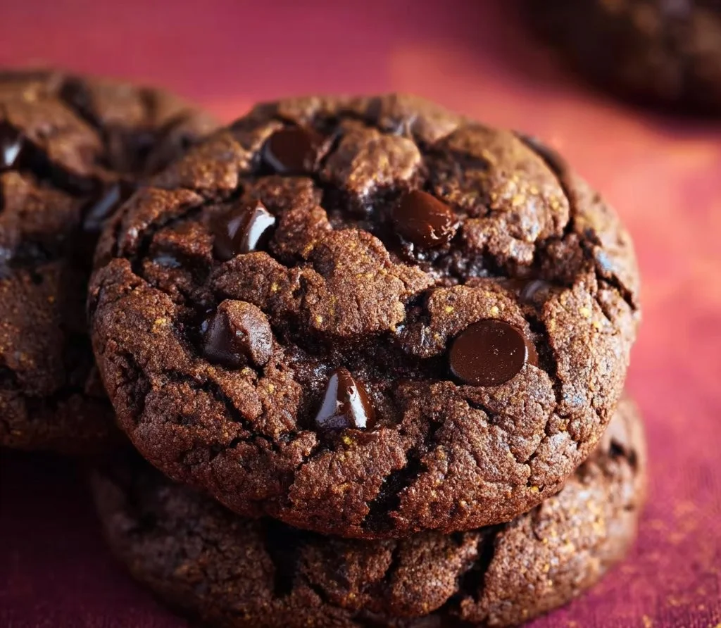 Freshly baked double chocolate chip cookies on a cooling rack