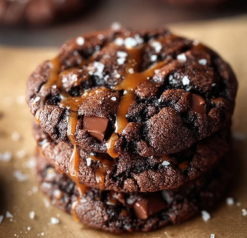 Delicious double chocolate salted caramel cookies with rich flavors