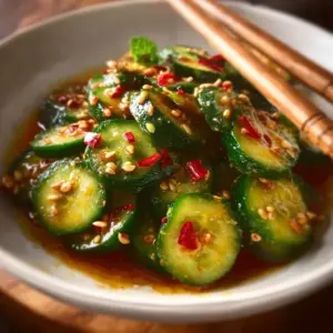 Fresh and vibrant Asian cucumber salad in a bowl.