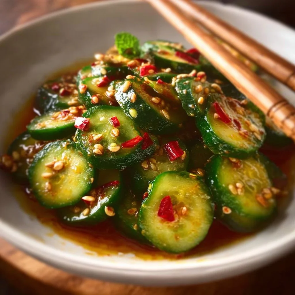 Fresh and vibrant Asian cucumber salad in a bowl.