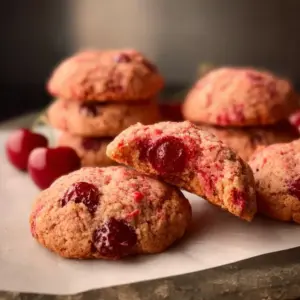 Baked easy cherry cookies with bright red cherries on top