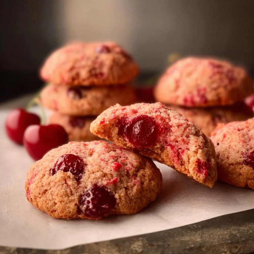 Baked easy cherry cookies with bright red cherries on top