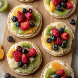 Delicious easy fruit pizza cookies topped with fresh fruits and cream