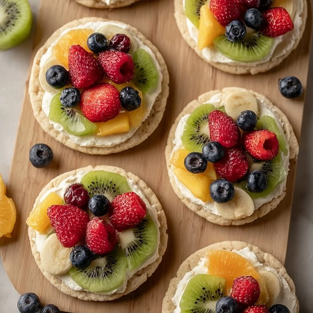 Delicious easy fruit pizza cookies topped with fresh fruits and cream