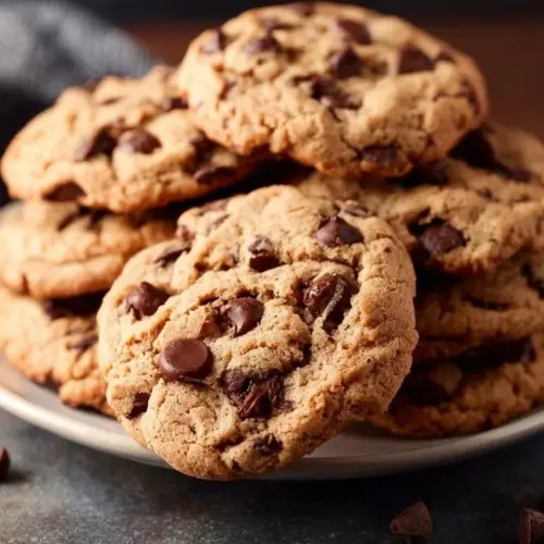 Delicious easy Hershey's chocolate chip cookies stacked on a plate.