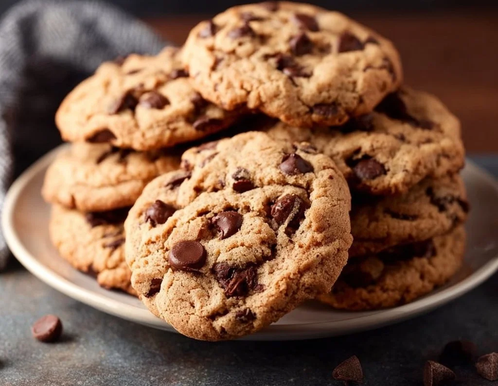 Delicious easy Hershey's chocolate chip cookies stacked on a plate.