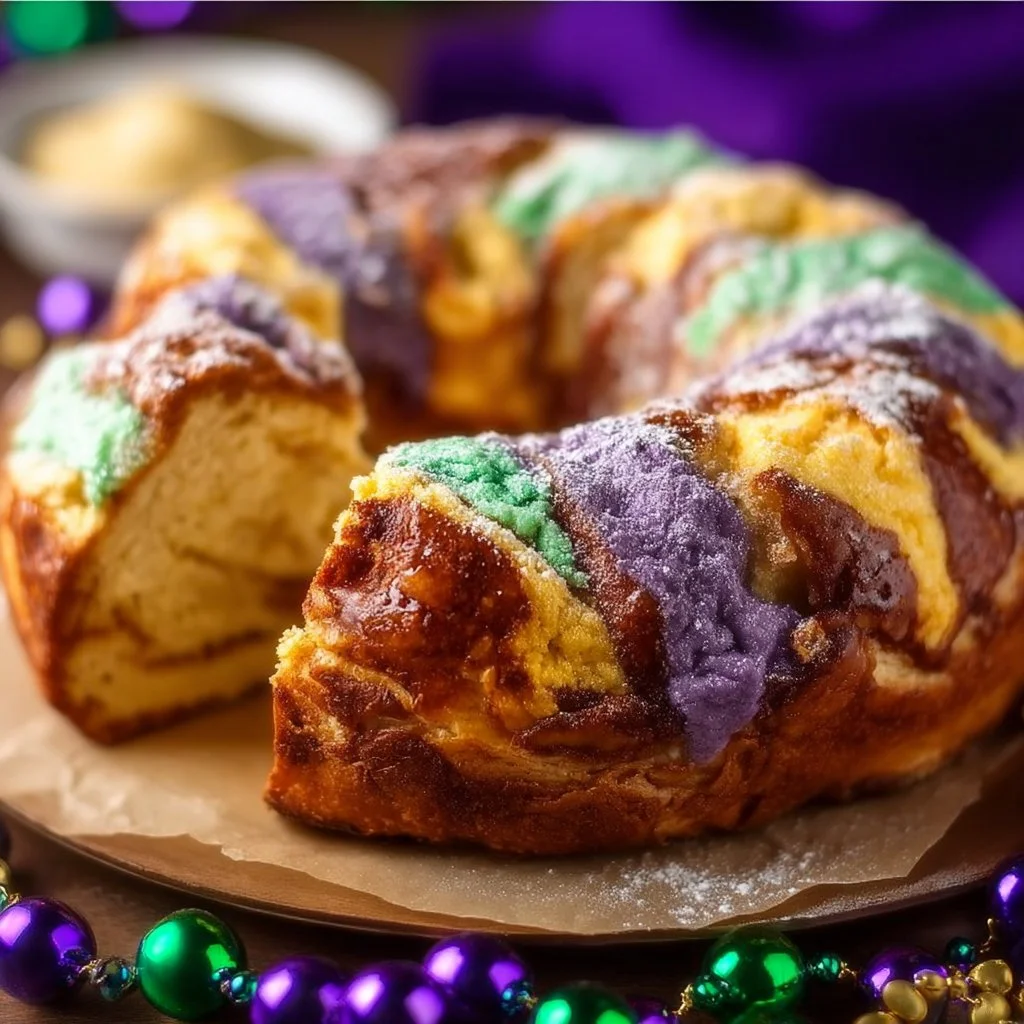 Delicious Easy King Cake decorated with traditional colors for Mardi Gras