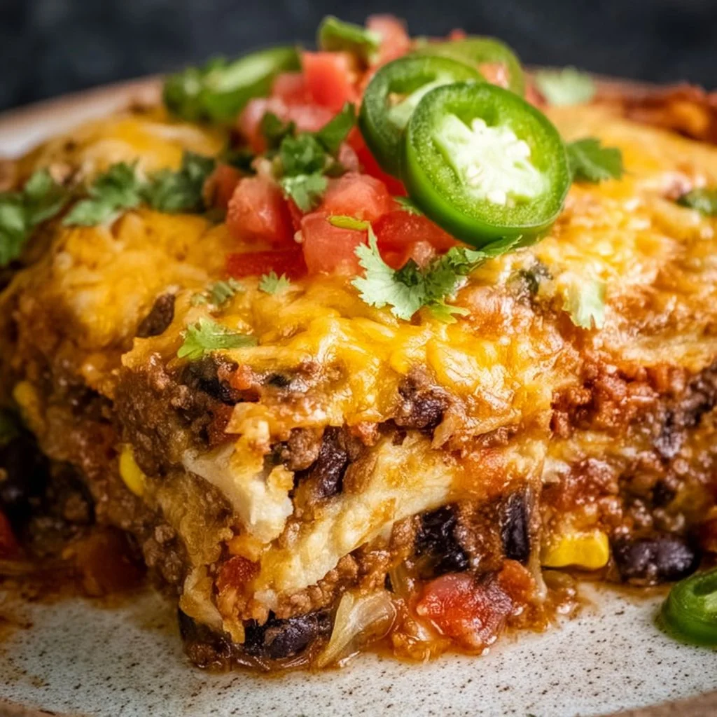 Easy Mexican taco lasagna with layers of tortillas, beef, and cheese.