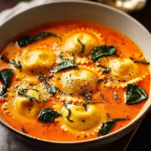 Delicious bowl of Easy Tuscan Ravioli Soup with fresh ingredients