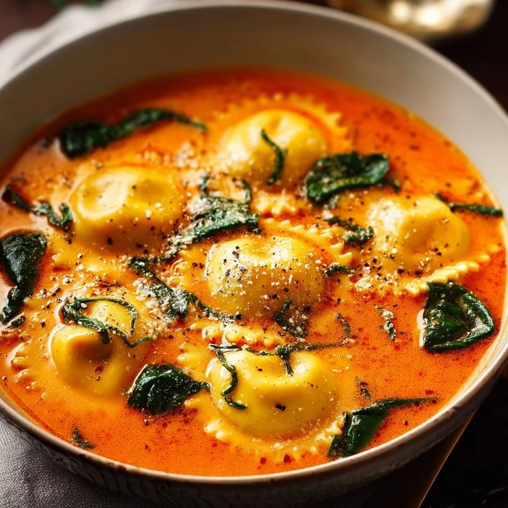 Delicious bowl of Easy Tuscan Ravioli Soup with fresh ingredients