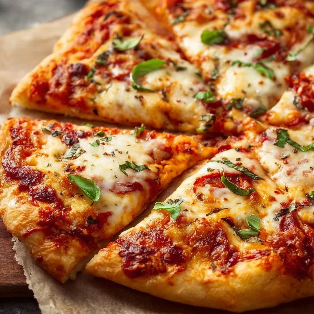 Extra cheesy homemade pizza topped with fresh ingredients and melted cheese.