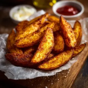 Delicious extra crispy potato wedges served on a plate