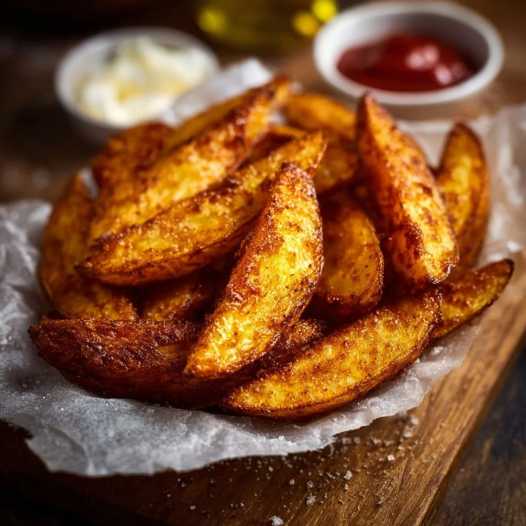 Delicious extra crispy potato wedges served on a plate