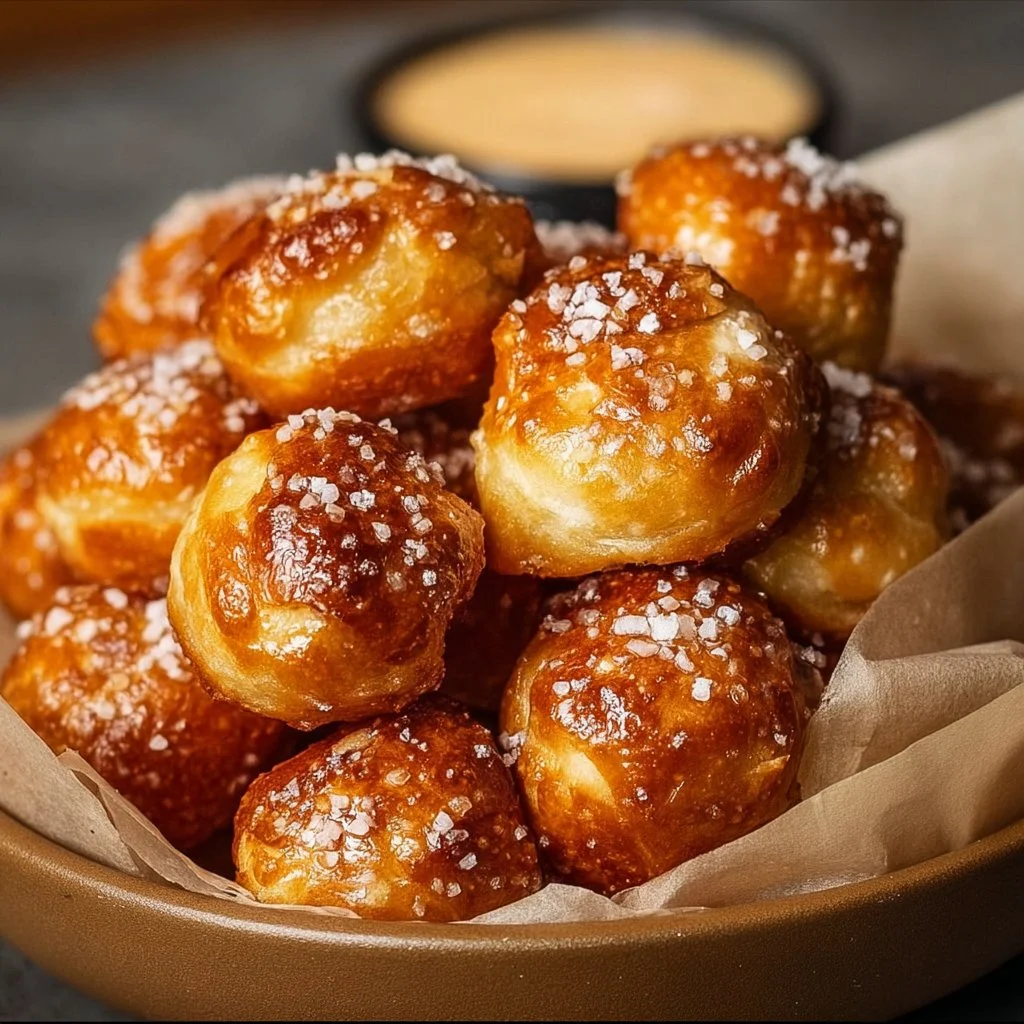Fluffy pretzel bites made in an air fryer, served with dipping sauce.