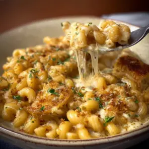 Bowl of French onion soup pasta topped with melted cheese and fresh herbs