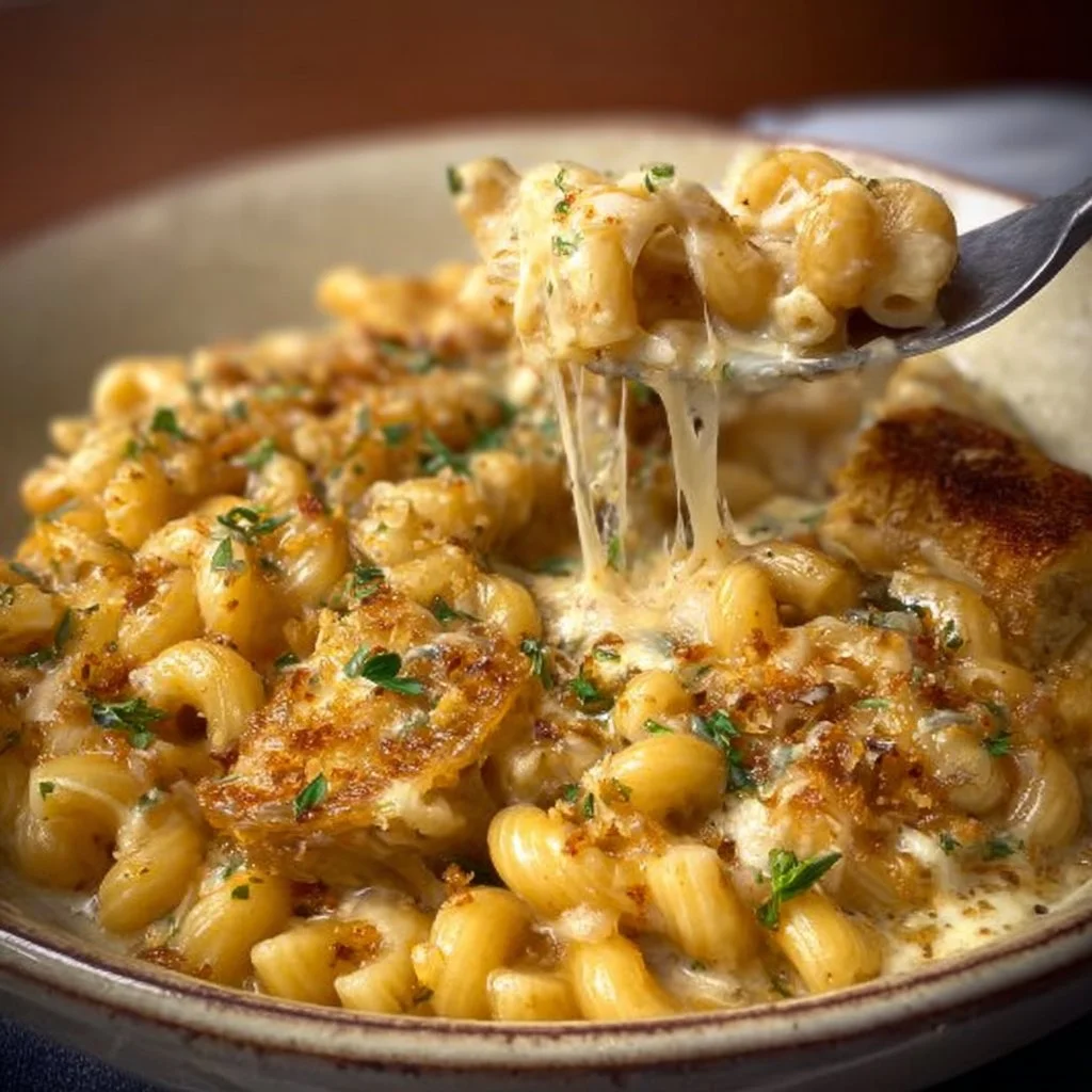 Bowl of French onion soup pasta topped with melted cheese and fresh herbs