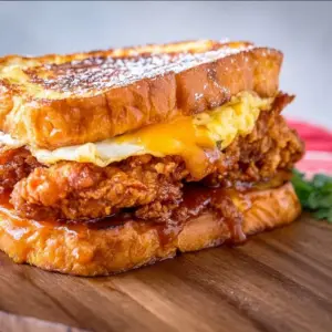 Delicious French Toast Fried Chicken Sandwich with maple syrup and crispy chicken