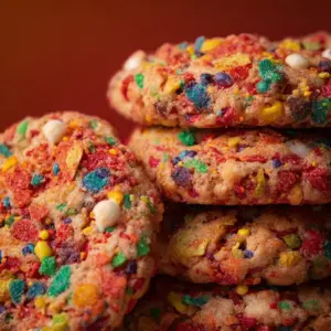 Colorful Fruity Pebble Cookies stacked on a plate