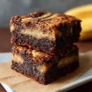 Fudgy banana bread brownies served on a plate with chocolate drizzle.