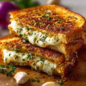 Delicious Garlic Bread Grilled Cheese sandwich melted with cheese and garlic butter.