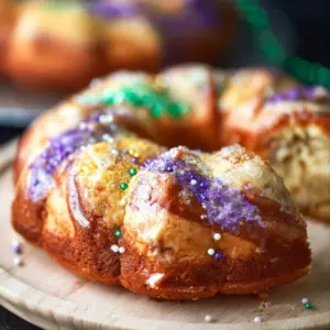 Gluten-free King Cake decorated for Mardi Gras festivities