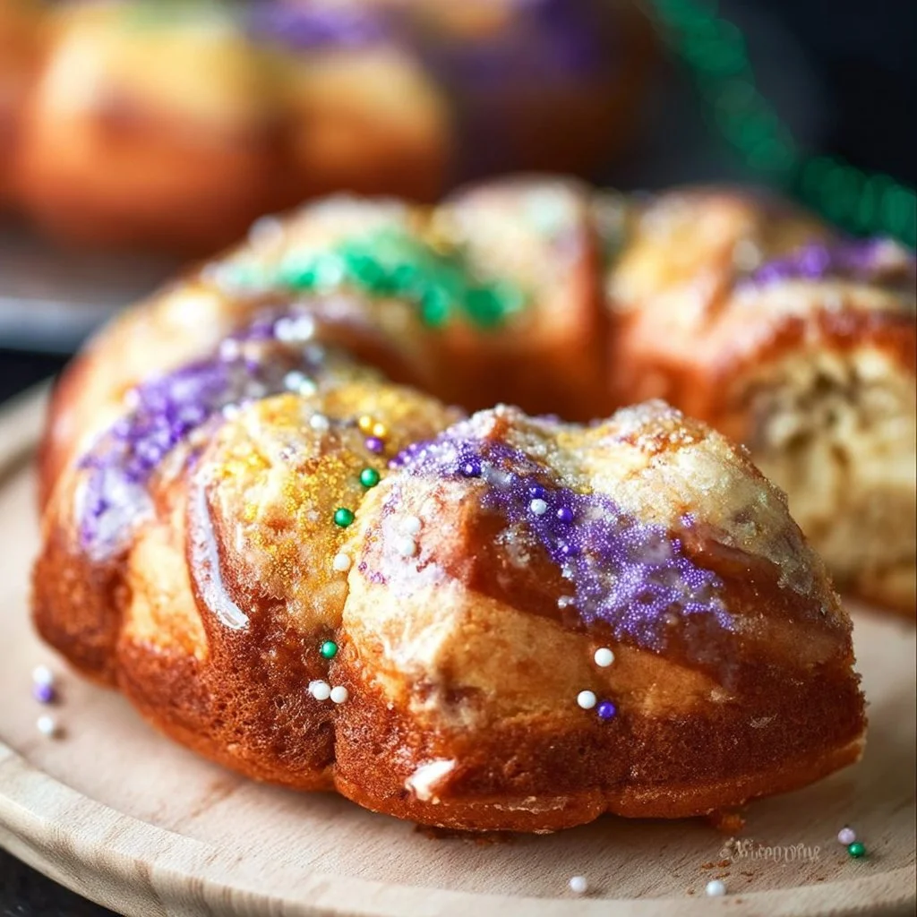 Gluten-free King Cake decorated for Mardi Gras festivities