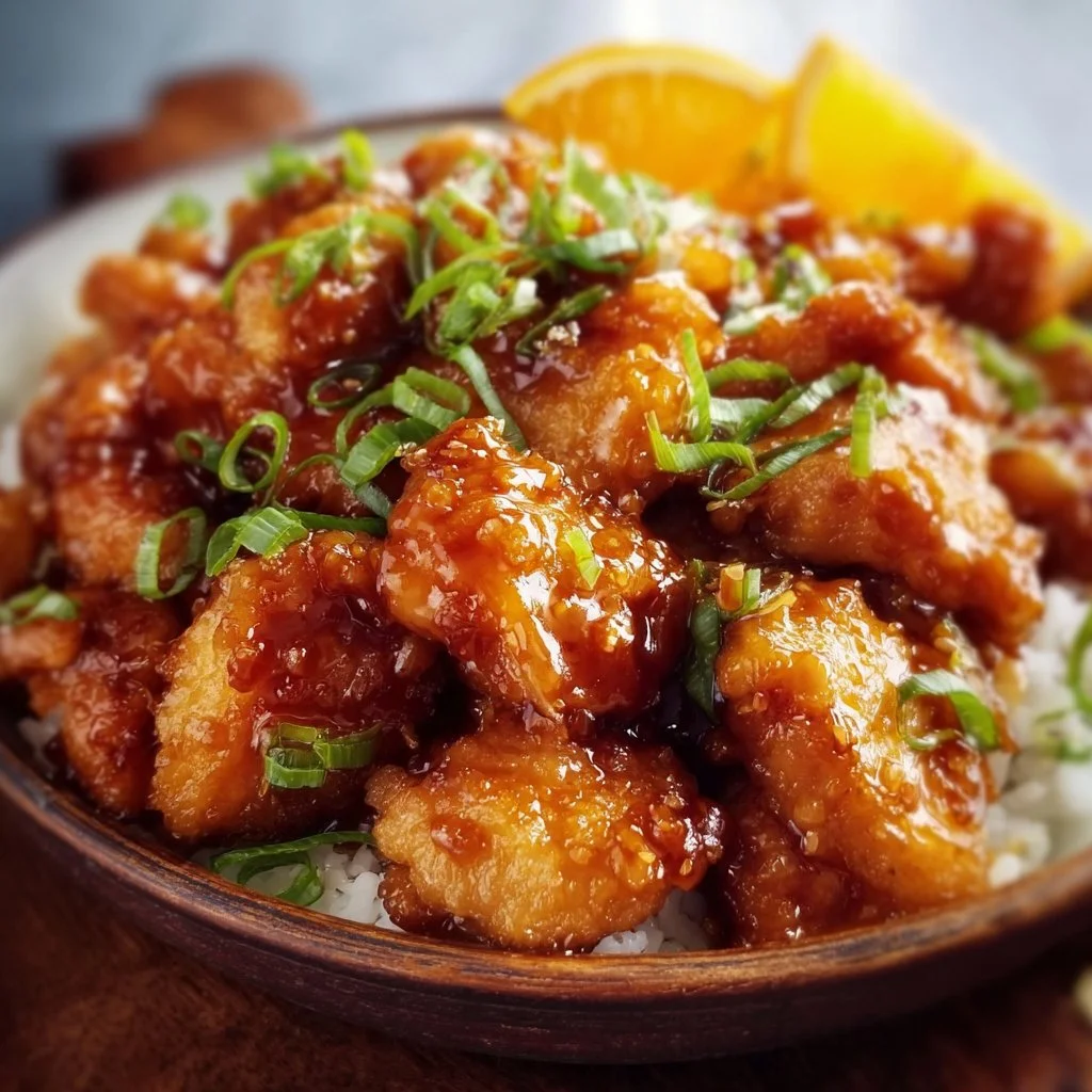 Delicious gluten-free orange chicken served in a bowl with vibrant colors and garnishes.