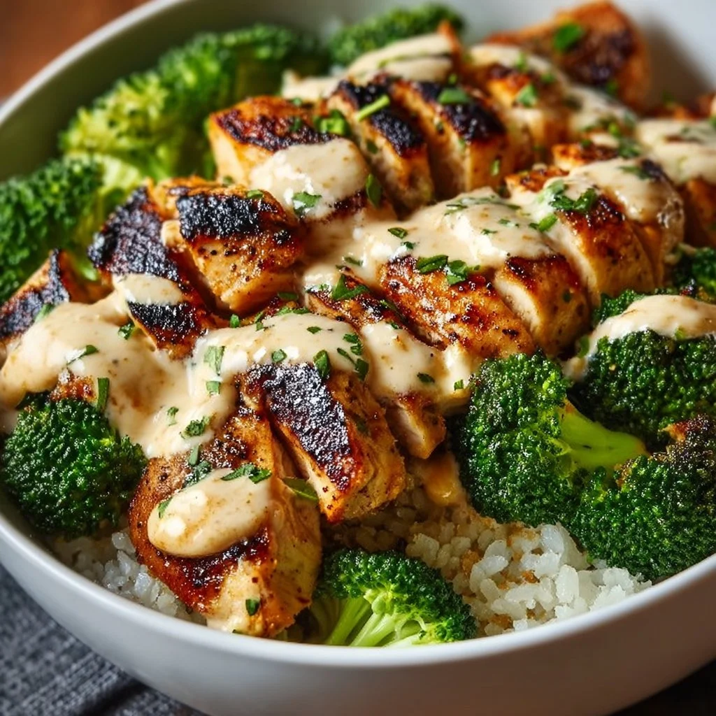 Delicious grilled chicken and broccoli bowl with creamy garlic sauce.