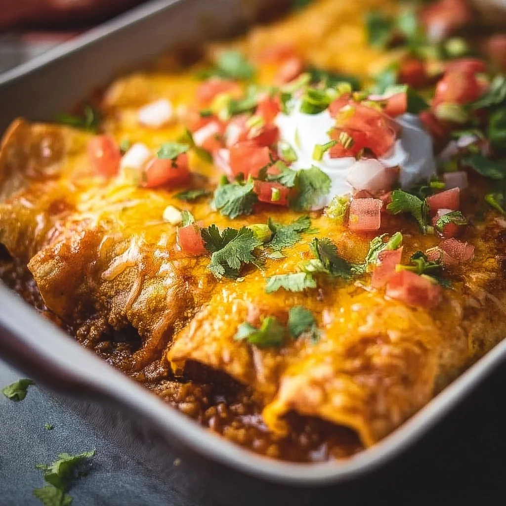 Plate of cheesy ground beef enchiladas ready to serve