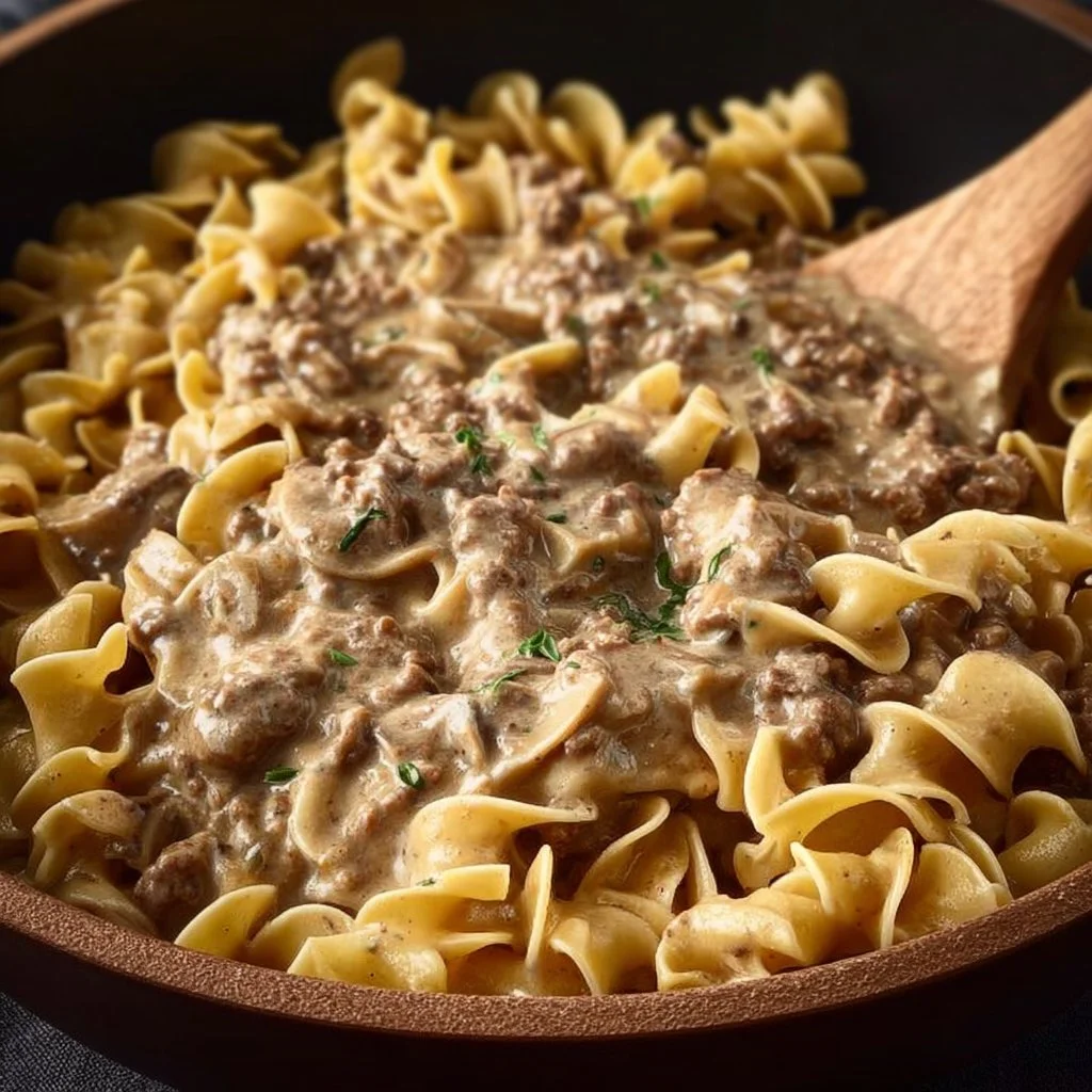 Delicious bowl of Ground Beef Stroganoff served with noodles