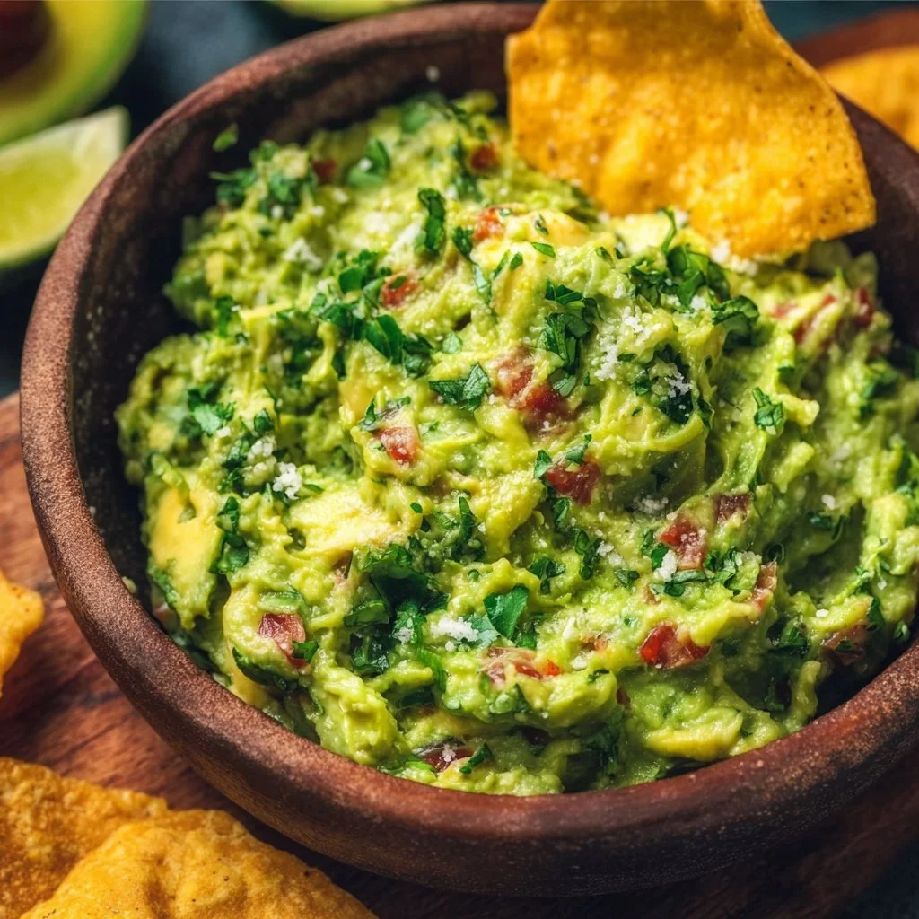 Delicious homemade guacamole made with ripe avocados and fresh ingredients