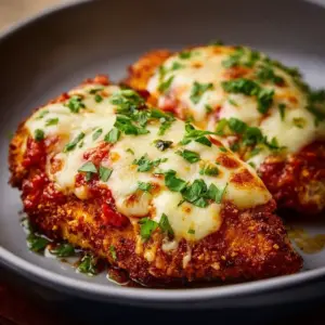 Guilt-free chicken parmesan dish served on a plate with fresh herbs and veggies.