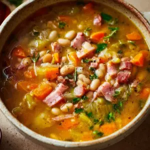 Bowl of hearty Ham and Bean Soup garnished with herbs