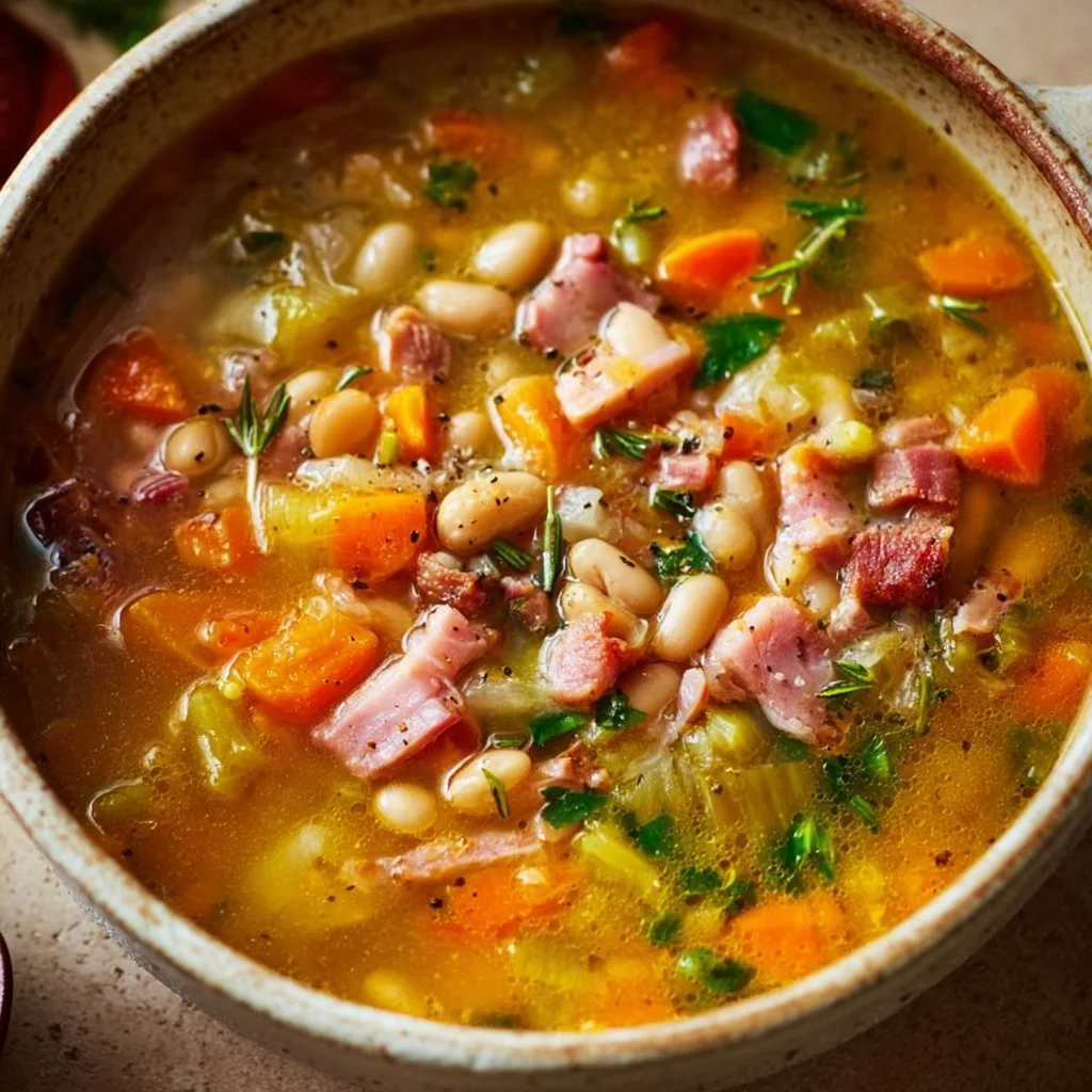Bowl of hearty Ham and Bean Soup garnished with herbs