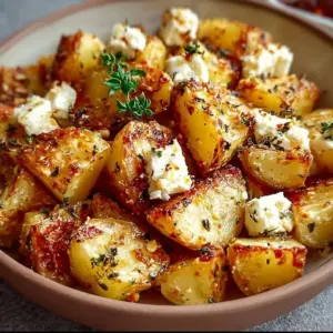 Healthy baked feta potatoes cooked with herbs and cheese for a tasty dish.