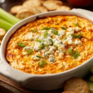 Healthy cottage cheese buffalo chicken dip served in a bowl with tortilla chips.