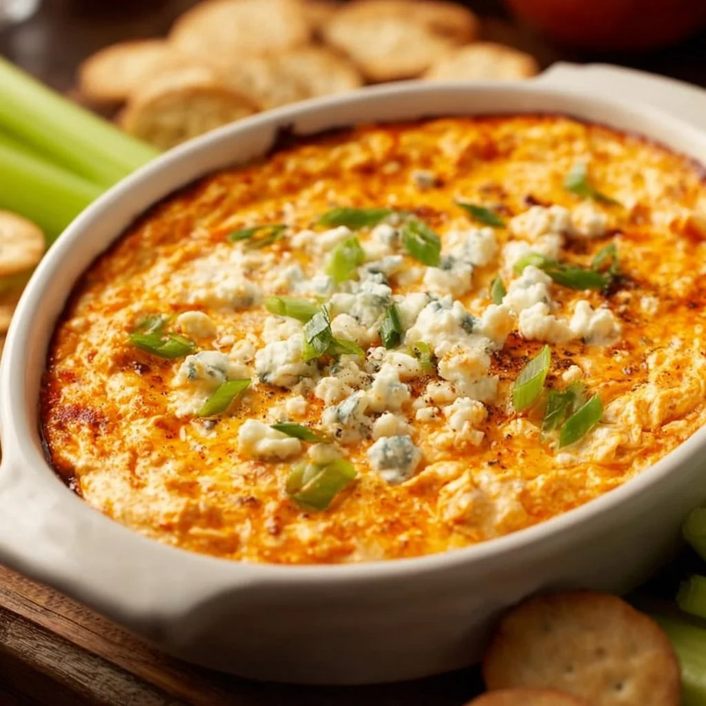 Healthy cottage cheese buffalo chicken dip served in a bowl with tortilla chips.