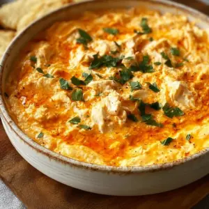 High protein buffalo chicken dip in a bowl with veggies