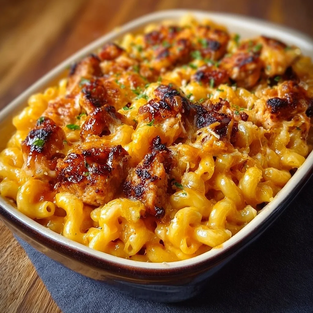 High Protein Honey BBQ Chicken Mac & Cheese dish with melted cheese and chicken