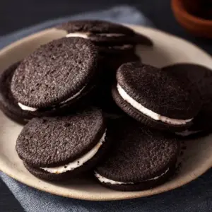 Freshly baked homemade Oreo cookies with creamy filling on a plate