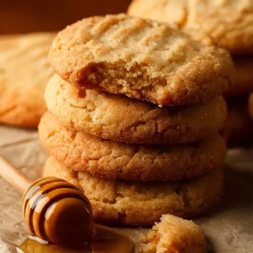 Freshly baked honey cookies on a wooden table
