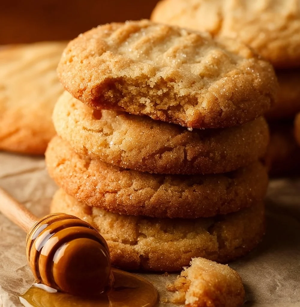 Freshly baked honey cookies on a wooden table