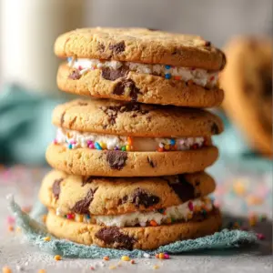 Delicious homemade ice cream cookies with chocolate chips and vanilla ice cream