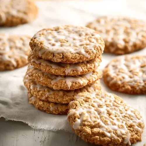 Iced oatmeal cookies with a sweet glaze on a plate.