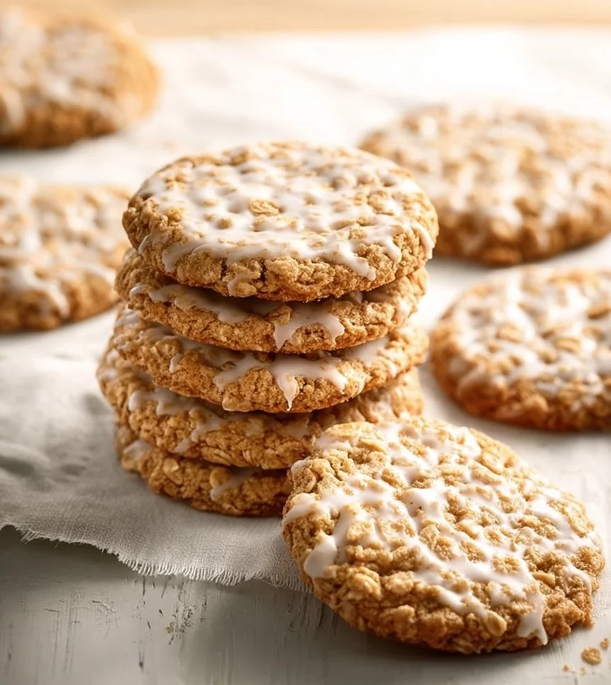 Iced oatmeal cookies with a sweet glaze on a plate.