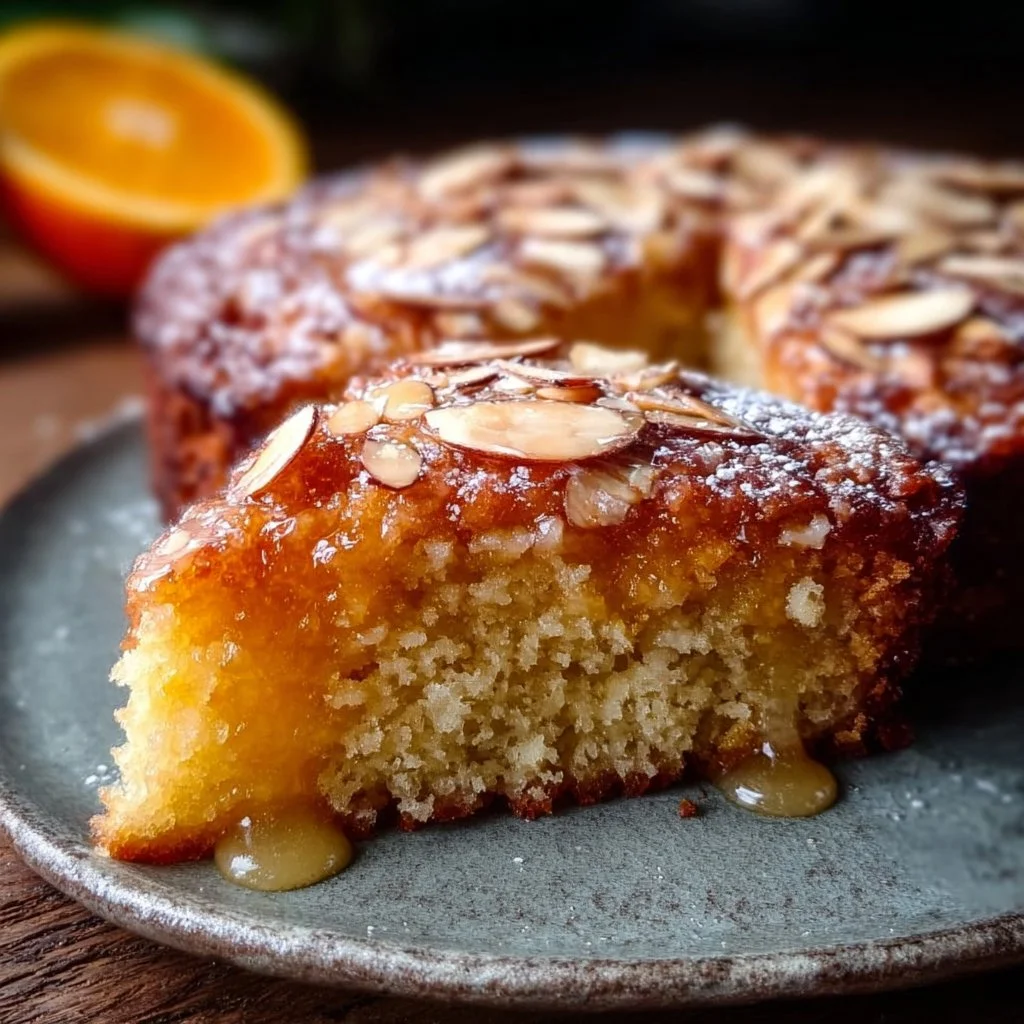 A slice of delicious orange almond cake with a citrus glaze and almonds on top
