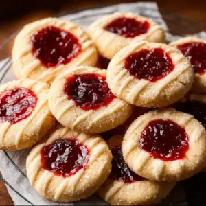 A plate of homemade jam thumbprint cookies filled with vibrant fruit preserves.