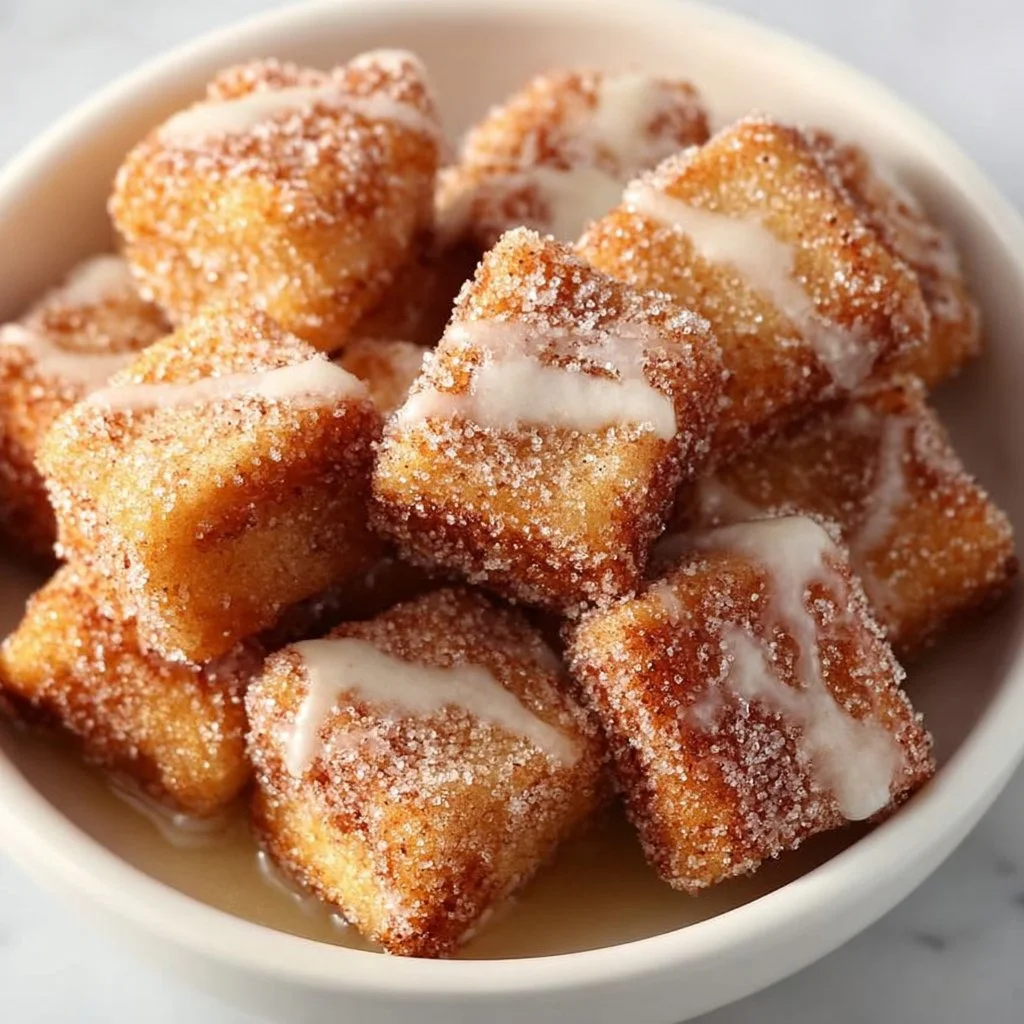 Deliciously fried Juicy Angel Cake Churro Bites with a sprinkle of cinnamon sugar