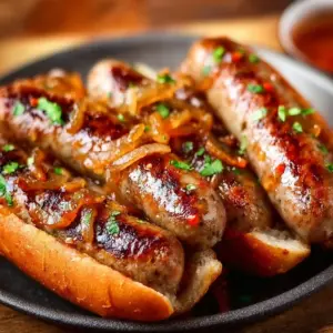 Juicy brats cooked in an air fryer, showing their golden brown texture.