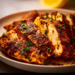 Juicy tender baked chicken served with herbs and spices.